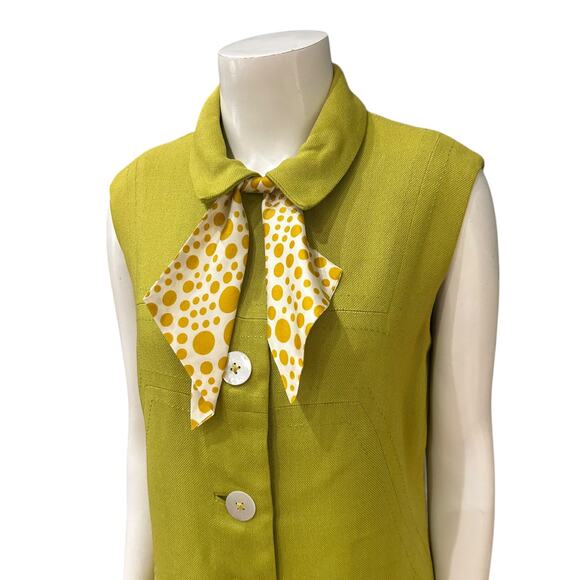 Vintage 60s Mod Chartreuse Sleeveless Button Dress Bow Scarf / Women’s small - - Picture 2 of 4